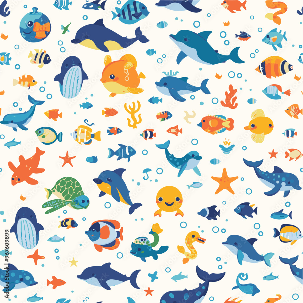 Obraz premium Seamless pattern with decorative fish. Cartoon style. pixel design