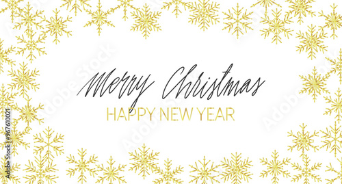 Handwritten Christmas greetings in a snowflakes frame, modern festive calligraphy lettering in golden over white.