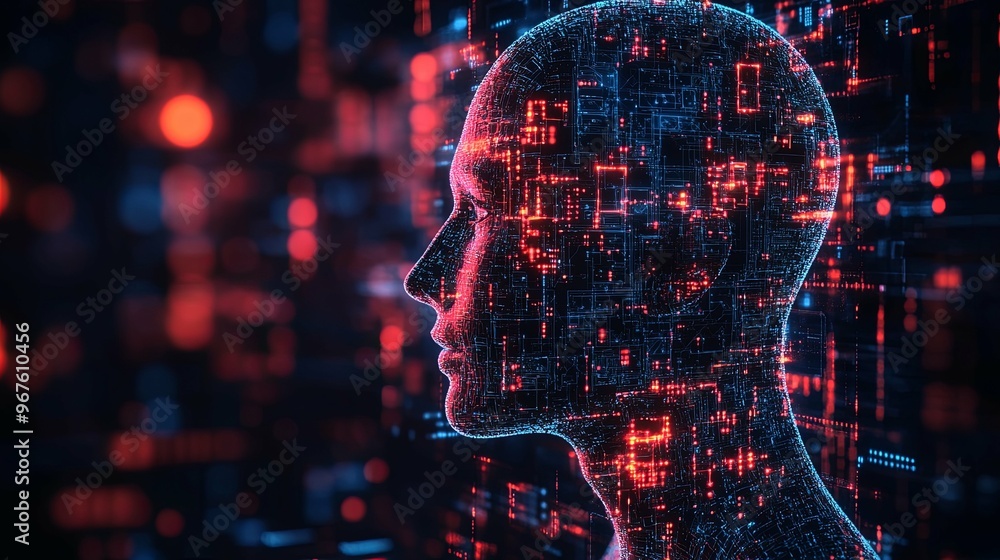 Digital Human Head with Circuitry and Red and Blue Lights Digital Human Head with Circuitry and Red and Blue Lights