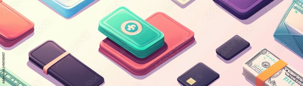Colorful illustration of financial elements, including banknotes and cards, ideal for finance and banking concepts. Colorful illustration of financial elements, including banknotes and cards, ideal for finance and banking concepts.