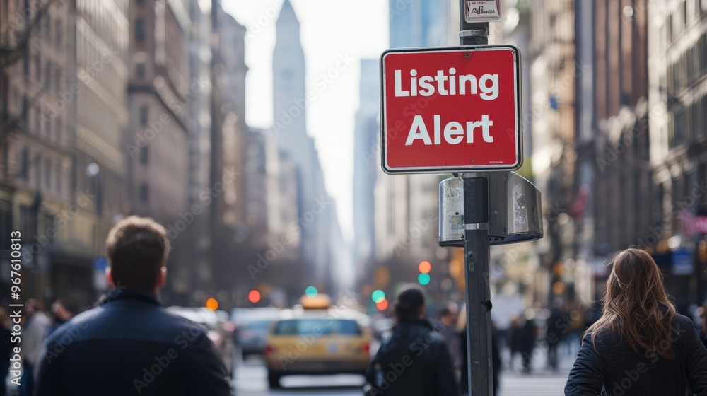 Listing Alert Sign on City Street with Blurred Pedestrians Listing Alert Sign on City Street with Blurred Pedestrians