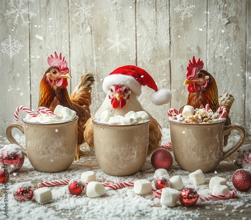Three cheerful chickens in festive hats, surrounded by mugs of hot cocoa and holiday treats against a snowy backdrop.