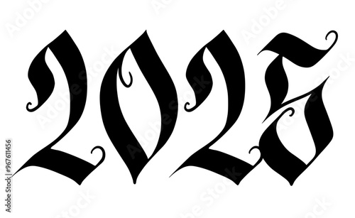 2025 hand writing for the new year greeting card. Calligraphic numbers in gothic style hand-drawn illustration