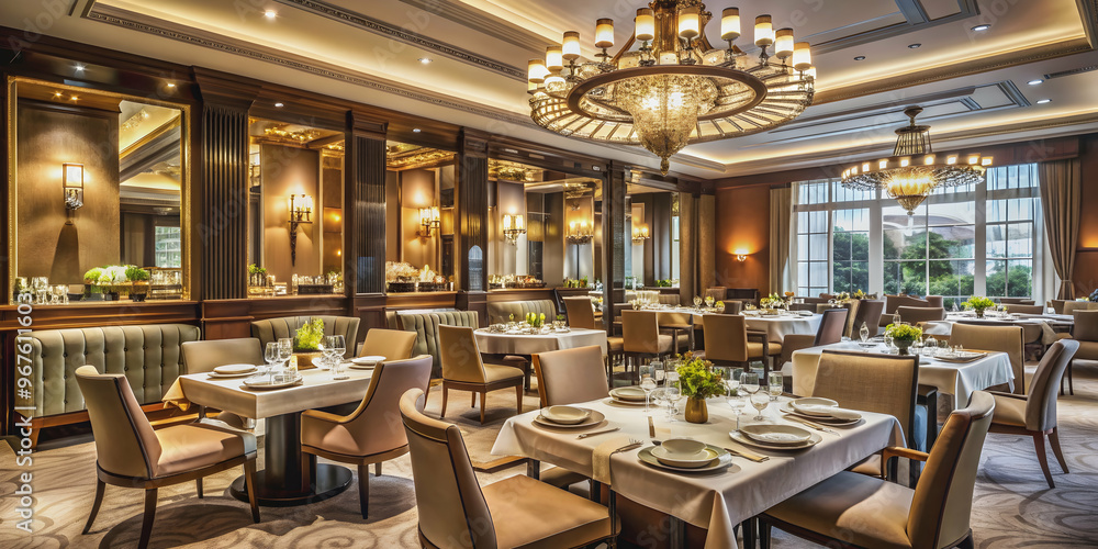 Obraz premium Luxurious restaurant interior with elegant decor and impeccable service, 5 star, reputation, upscale, fine dining