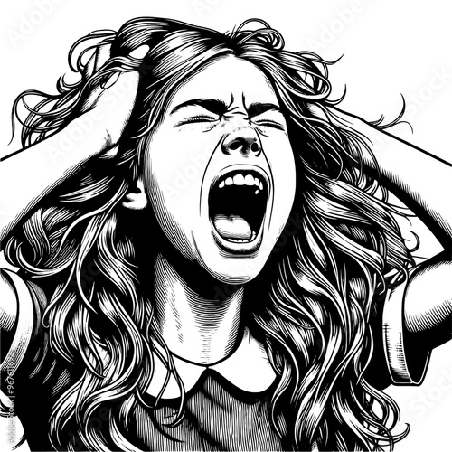 Distressed person screaming with hands on head in black and white drawing. Vector, generative ai.