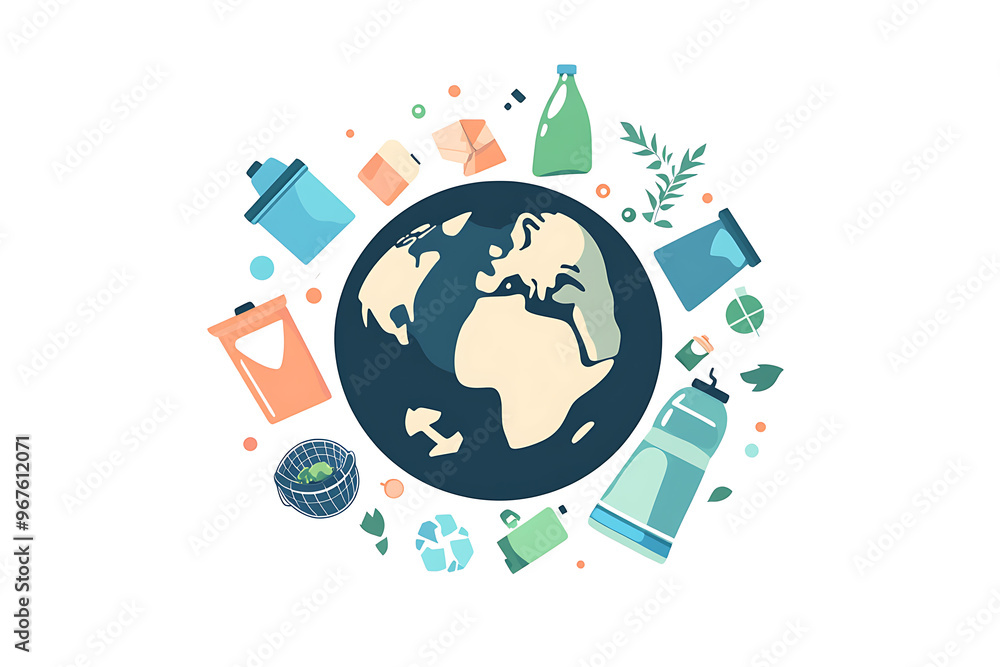 The planet Earth is depicted alongside waste sorting symbols, emphasizing environmental care and sustainable practices The planet Earth is depicted alongside waste sorting symbols, emphasizing environmental care and sustainable practices