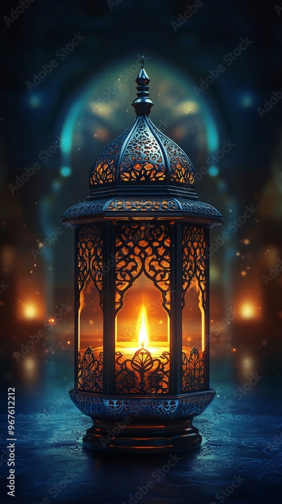 Ornate Ramadan lantern glowing with warm candlelight, casting intricate shadows against a mystical blue background with floating golden orbs of light. Ornate Ramadan lantern glowing with warm candlelight, casting intricate shadows against a mystical blue background with floating golden orbs of light.