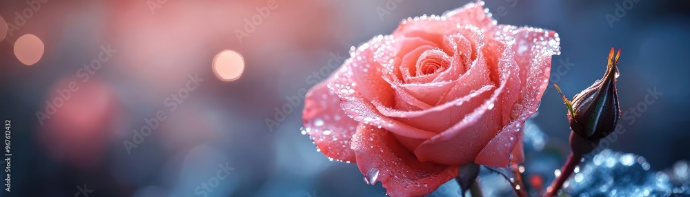 A blooming rose with delicate petals unfurling, surrounded by dewdrops and thorny stems A blooming rose with delicate petals unfurling, surrounded by dewdrops and thorny stems