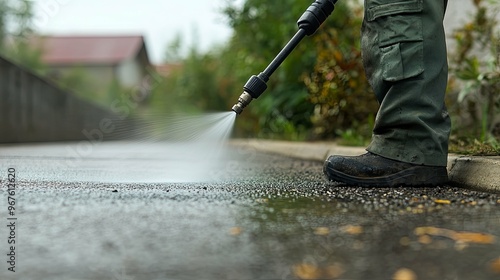 Person Using Pressure Washer to Clean a Driveway