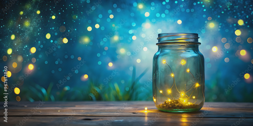 Glass jar filled with glowing fireflies on a serene blue background, fireflies, jar, glass, blue, glowing, nature Glass jar filled with glowing fireflies on a serene blue background, fireflies, jar, glass, blue, glowing, nature