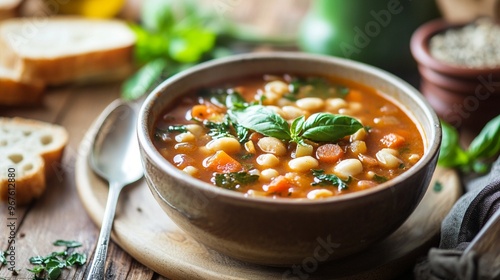 Hearty vegetable and bean soup served in rustic ceramic bowl on wooden table, garnished with fresh basil leaves. Crusty bread slices on the side.