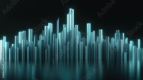 Obraz features a vibrant blue digital cityscape filled with skyscrapers and buildings, highlighting data transfer and modern technological concepts against a black backdrop