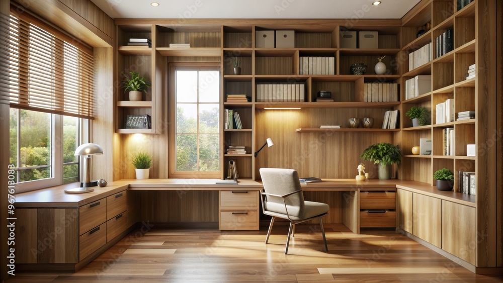Wooden study room with built-in shelves, desk, and cozy reading nook, wood, room, study, furniture, desk, shelves, cozy