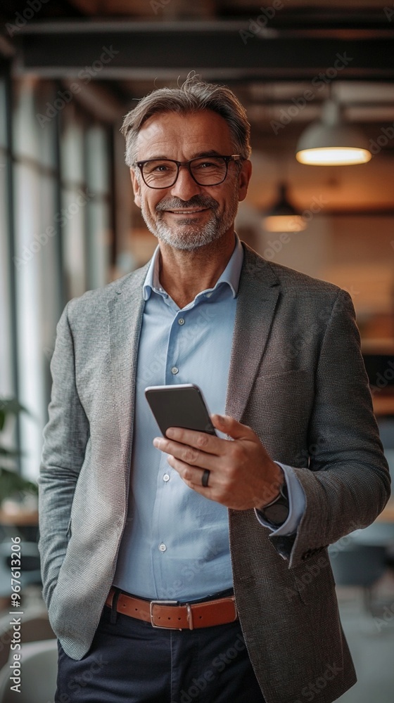 Confident mature businessman in stylish attire smiles warmly while checking his smartphone in a modern office setting, exuding professionalism and success. Confident mature businessman in stylish attire smiles warmly while checking his smartphone in a modern office setting, exuding professionalism and success.