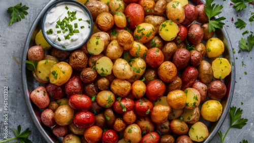 A mouthwatering tray of roasted baby potatoes served with sour cream and garnished with chopped parsley, highlighting a simple and hearty vegetable side dish