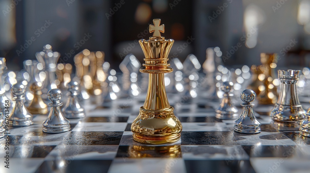 Several fallen silver chess pieces surround a gold queen chess piece, symbolizing business strategy. Several fallen silver chess pieces surround a gold queen chess piece, symbolizing business strategy.