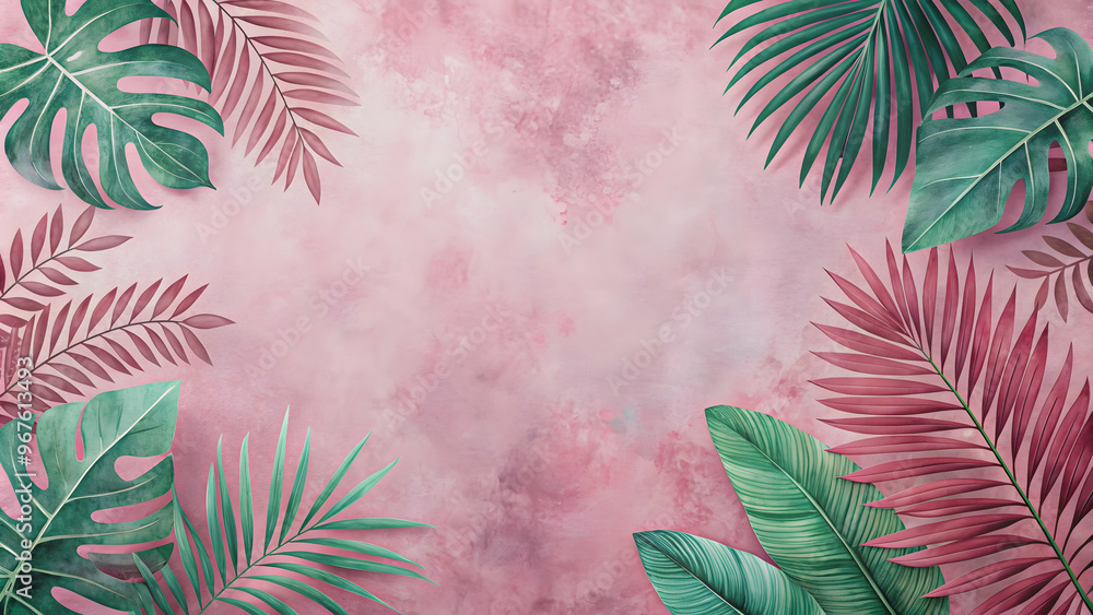 Naklejka premium Soft pink paper texture wallpaper featuring tropical foliage designs, pink, paper texture, wallpaper, tropical, foliage