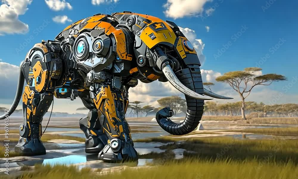 A robotic elephant in a savanna A robotic elephant in a savanna