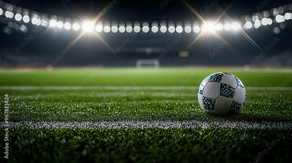 Naklejka premium A floodlit soccer field at night showcases an empty stadium with bright lights illuminating scene. focus is on soccer ball resting on grass, evoking sense of anticipation and excitement