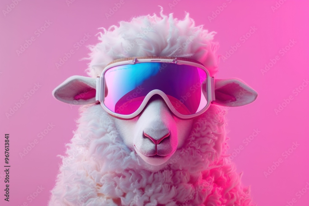 A fluffy sheep wearing stylish ski goggles in vibrant pink lighting The modern look contrasts with the woolly texture of the sheep, creating a playful atmosphere A fluffy sheep wearing stylish ski goggles in vibrant pink lighting The modern look contrasts with the woolly texture of the sheep, creating a playful atmosphere