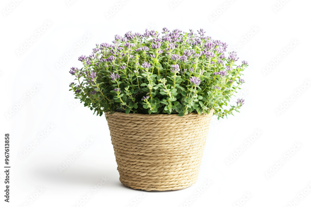 Green aromatic plant in straw pot isolated on white background. Green aromatic plant in straw pot isolated on white background.