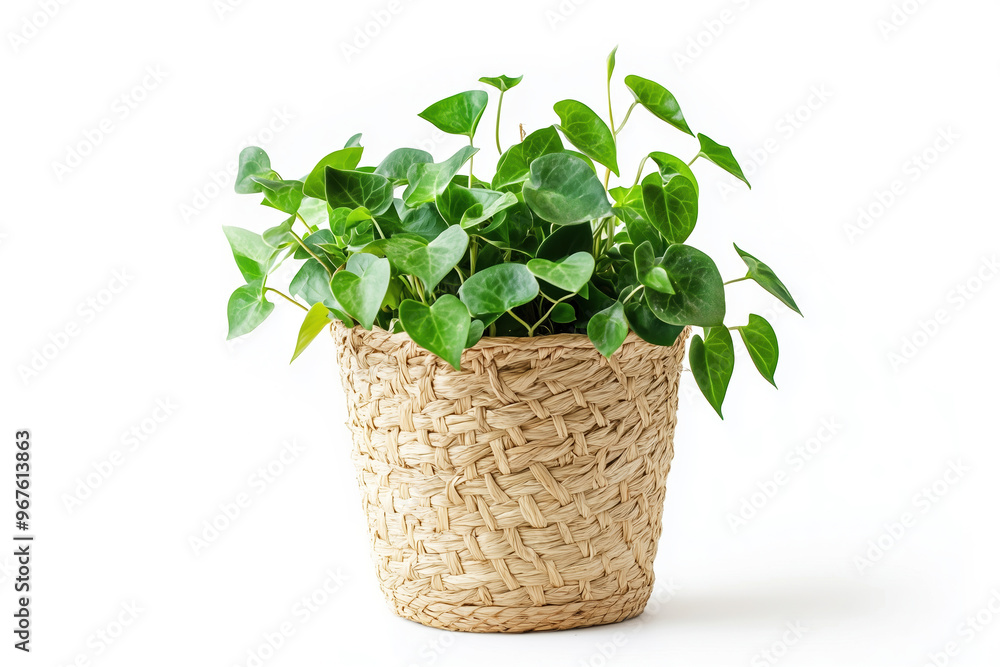 Green house plant in straw pot isolated on white background. Green house plant in straw pot isolated on white background.