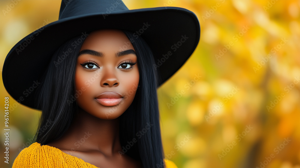 Young African American Black Woman in Witch Costume, Black Hat, Straight Hair, Smiling for Halloween and Autumn Season. Young African American Black Woman in Witch Costume, Black Hat, Straight Hair, Smiling for Halloween and Autumn Season.