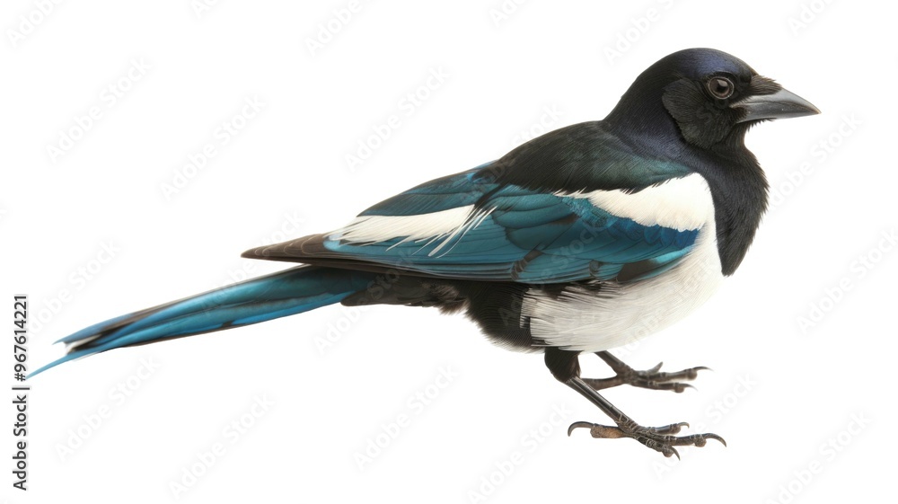 Fototapeta premium Magpie bird perched on png background.