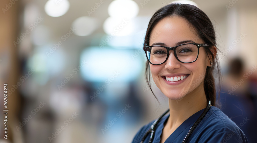 A smiling nurse in modern hospital setting, showcasing professionalism and care. Her glasses and warm smile convey sense of trust and compassion A smiling nurse in modern hospital setting, showcasing professionalism and care. Her glasses and warm smile convey sense of trust and compassion