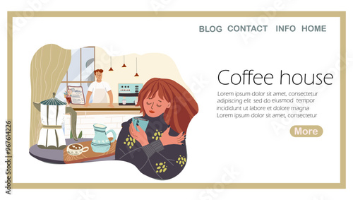 Landing page coffee house, tea cups, mugs. A girl with a cup of coffee in her sweater is warming up, drinking tea, drinking coffee. Background, template, web. Hand drawn vector illustration.