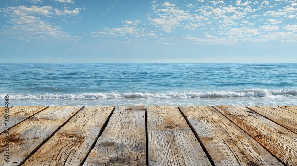 Wooden pier extending into a calm ocean with clear skies in the background Wooden pier extending into a calm ocean with clear skies in the background