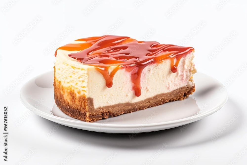 Delicious slice of cheesecake topped with caramel and fruit sauce served on a white plate Delicious slice of cheesecake topped with caramel and fruit sauce served on a white plate