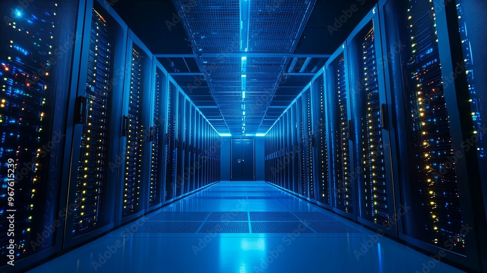 Rows of lit server racks in a dark server room Rows of lit server racks in a dark server room