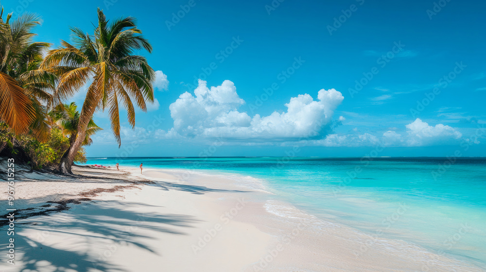A serene tropical beach with palm trees swaying in the breeze under a clear blue sky. White sand stretches along the shore, with crystal-clear turquoise water lapping gently at the beach. A serene tropical beach with palm trees swaying in the breeze under a clear blue sky. White sand stretches along the shore, with crystal-clear turquoise water lapping gently at the beach.