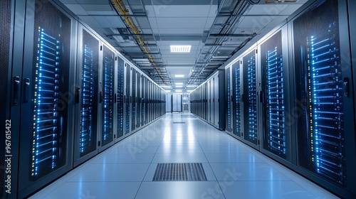 Server Room with Rows of Illuminated Cabinets