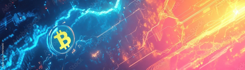 Dynamic digital background featuring Bitcoin symbol with vibrant colors and electric patterns, ideal for finance and cryptocurrency themes. Dynamic digital background featuring Bitcoin symbol with vibrant colors and electric patterns, ideal for finance and cryptocurrency themes.