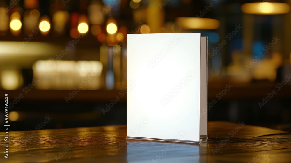 On a wooden table, white sheets of paper and an acrylic tent card are positioned on top of a blurred cafeteria background, representing a restaurant menu frame. On a wooden table, white sheets of paper and an acrylic tent card are positioned on top of a blurred cafeteria background, representing a restaurant menu frame.