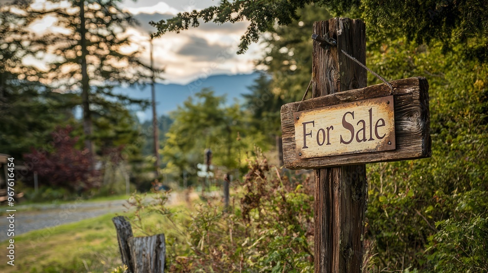 Rustic Wooden For Sale Sign in a Lush Forest Setting Rustic Wooden For Sale Sign in a Lush Forest Setting