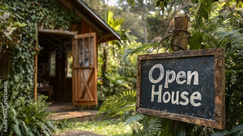 Rustic Open House Sign in Lush Greenery