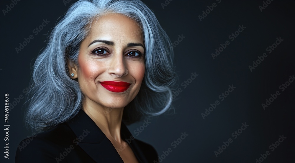 Une femme d'affaires élégante et confiante aux cheveux gris, portant une veste noire, souriant et se tenant devant un arrière-plan sombre, image avec espace pour texte. Une femme d'affaires élégante et confiante aux cheveux gris, portant une veste noire, souriant et se tenant devant un arrière-plan sombre, image avec espace pour texte.
