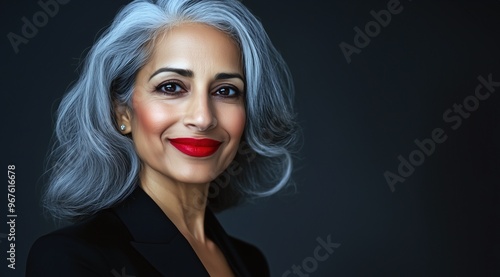 Une femme d'affaires élégante et confiante aux cheveux gris, portant une veste noire, souriant et se tenant devant un arrière-plan sombre, image avec espace pour texte.