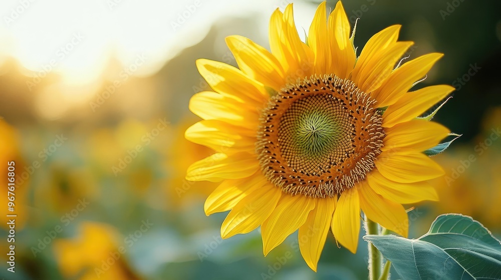 Fototapeta premium A close-up of a sunflower, with its bright yellow petals and textured center, standing tall against a clear sky