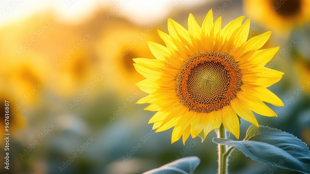 Fototapeta premium A close-up of a sunflower, with its bright yellow petals and textured center, standing tall against a clear sky
