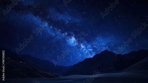 A breathtaking night sky filled with stars over a serene mountain landscape, with the Milky Way glowing brightly.