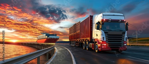 A large truck is driving down a road next to a large ship