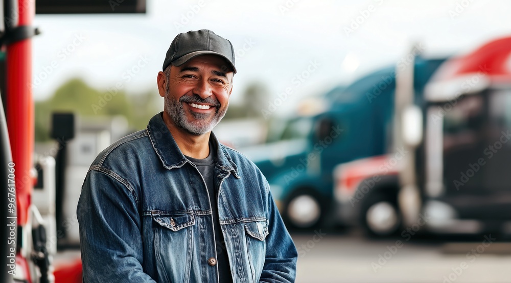 Gros plan du visage d'un chauffeur de camion avec une barbe souriant portant une veste en jean et une casquette, debout dans une station-service. Gros plan du visage d'un chauffeur de camion avec une barbe souriant portant une veste en jean et une casquette, debout dans une station-service.