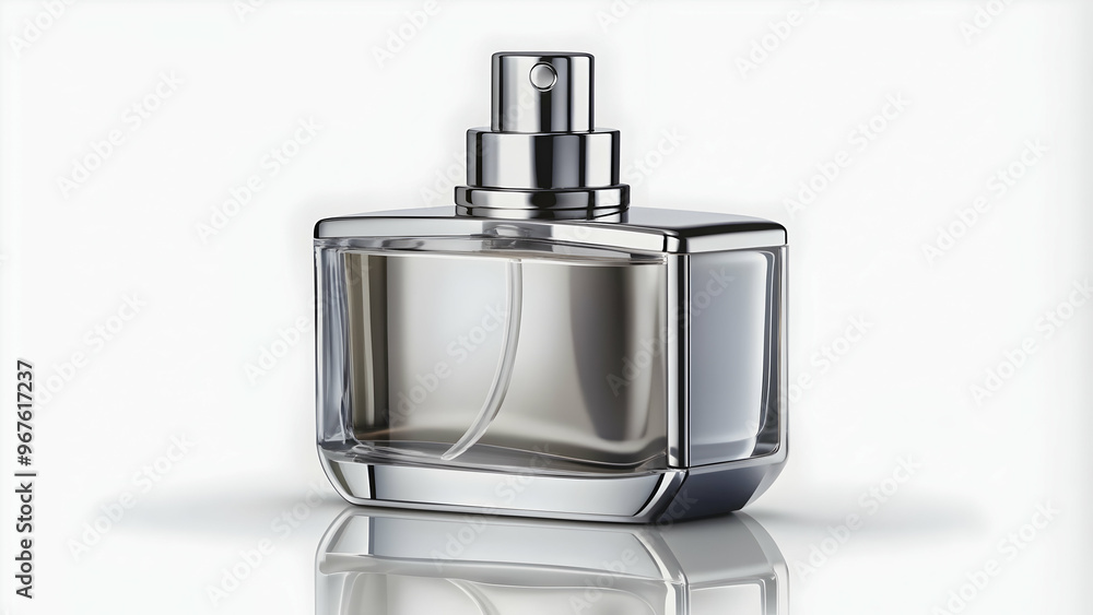 Shiny chrome metal perfume bottle on white background, perfume, fragrance, beauty, luxury, container, metallic, reflective Shiny chrome metal perfume bottle on white background, perfume, fragrance, beauty, luxury, container, metallic, reflective