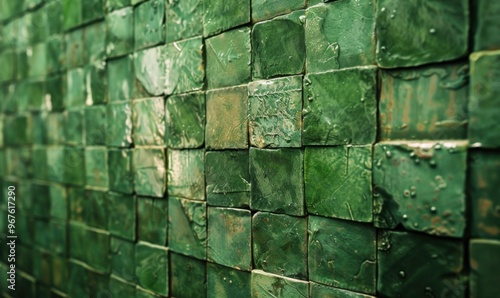 A close-up shot of a green tiled wall with a textured surface and intricate design 