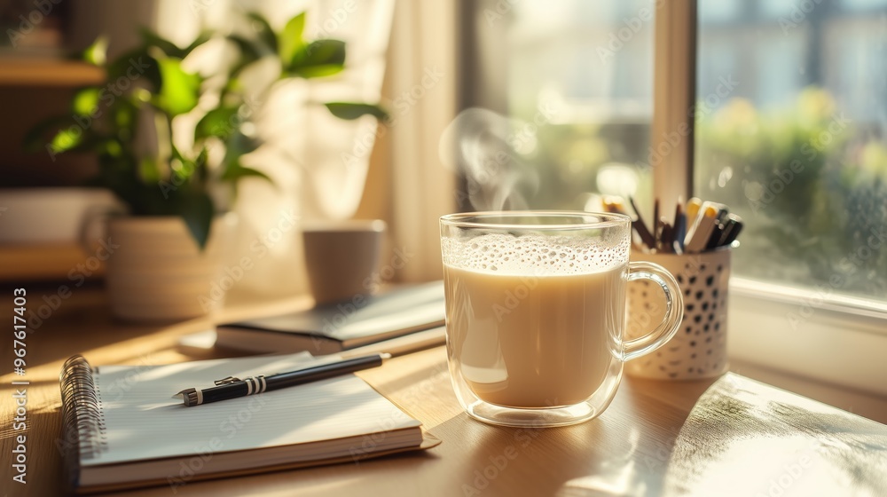 Morning coffee on a bright desk with notebooks and stationery near a window with sunlight streaming in Morning coffee on a bright desk with notebooks and stationery near a window with sunlight streaming in