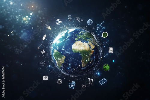 The planet Earth is depicted alongside waste sorting symbols, emphasizing environmental care and sustainable practices.